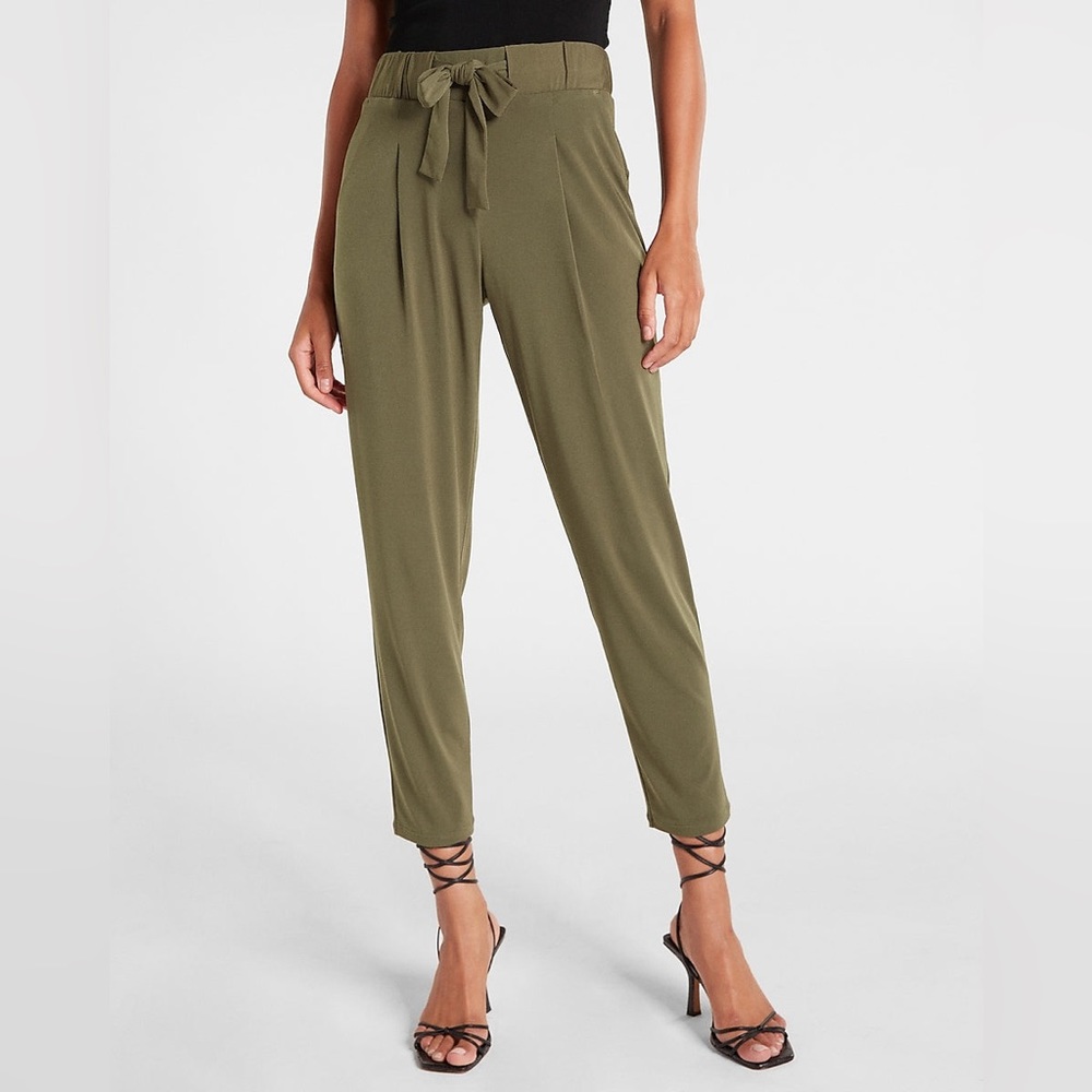 Express Mid Rise Sash Tie Paperbag Ankle Pant S/P color Olive